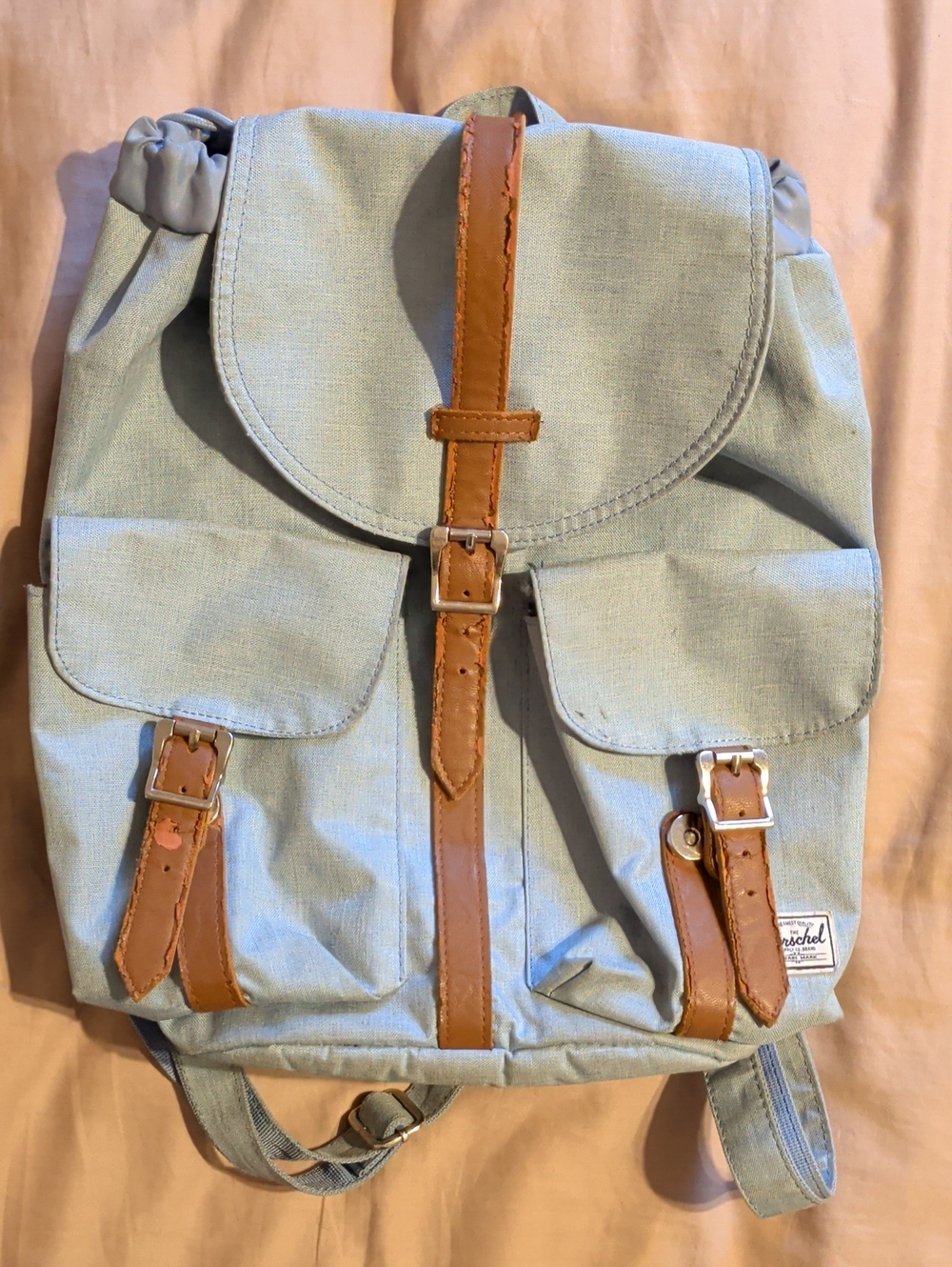 Herschel Supply Company Light Blue Canvas Backpack with Brown Leather Trim